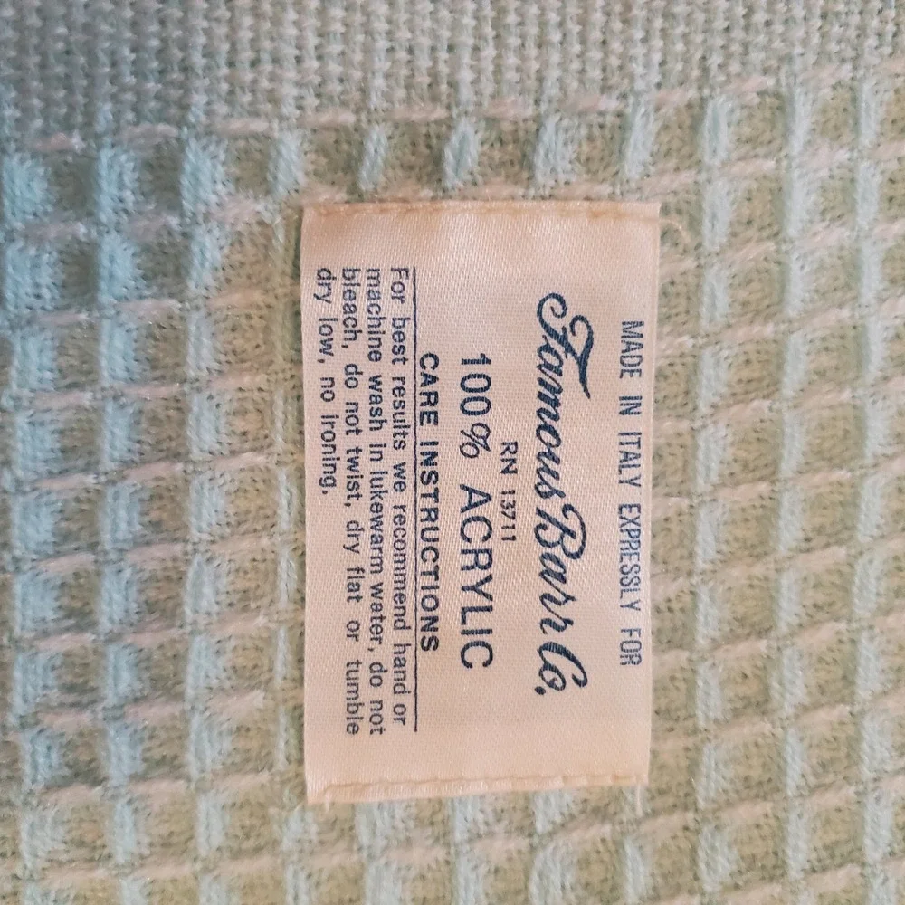 Vintage Famous-Barr Co Italy Baby Blanket Waffle Weave Fringe Blue Cream Acrylic